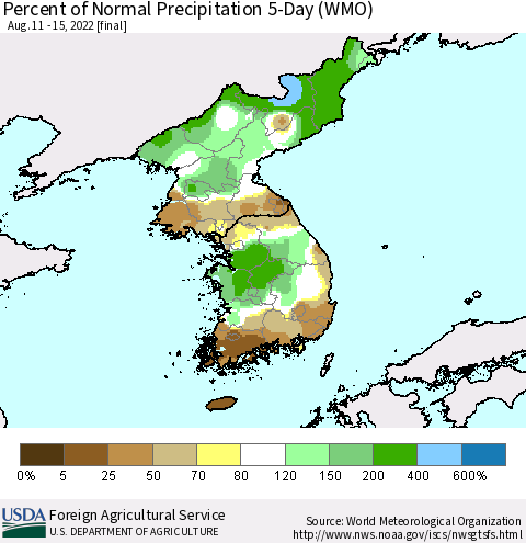 Korea Percent of Normal Precipitation 5-Day (WMO) Thematic Map For 8/11/2022 - 8/15/2022