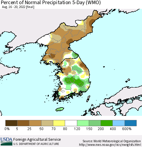 Korea Percent of Normal Precipitation 5-Day (WMO) Thematic Map For 8/16/2022 - 8/20/2022