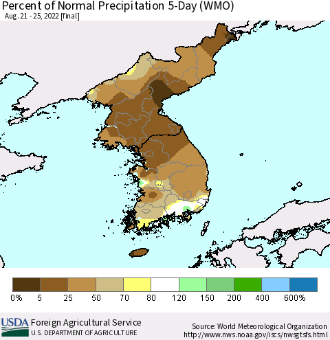 Korea Percent of Normal Precipitation 5-Day (WMO) Thematic Map For 8/21/2022 - 8/25/2022