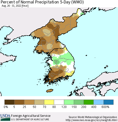 Korea Percent of Normal Precipitation 5-Day (WMO) Thematic Map For 8/26/2022 - 8/31/2022