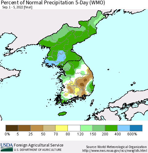 Korea Percent of Normal Precipitation 5-Day (WMO) Thematic Map For 9/1/2022 - 9/5/2022
