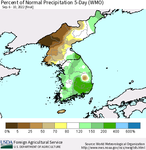 Korea Percent of Normal Precipitation 5-Day (WMO) Thematic Map For 9/6/2022 - 9/10/2022