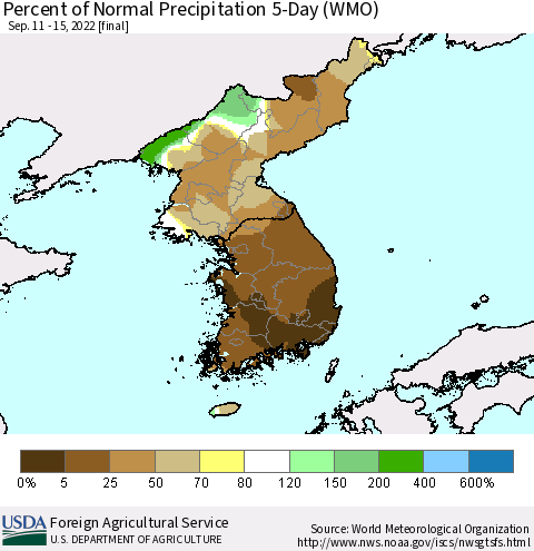 Korea Percent of Normal Precipitation 5-Day (WMO) Thematic Map For 9/11/2022 - 9/15/2022