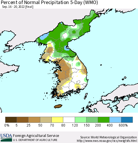 Korea Percent of Normal Precipitation 5-Day (WMO) Thematic Map For 9/16/2022 - 9/20/2022