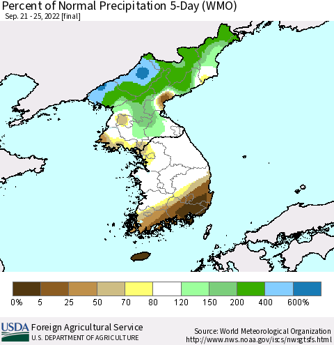 Korea Percent of Normal Precipitation 5-Day (WMO) Thematic Map For 9/21/2022 - 9/25/2022