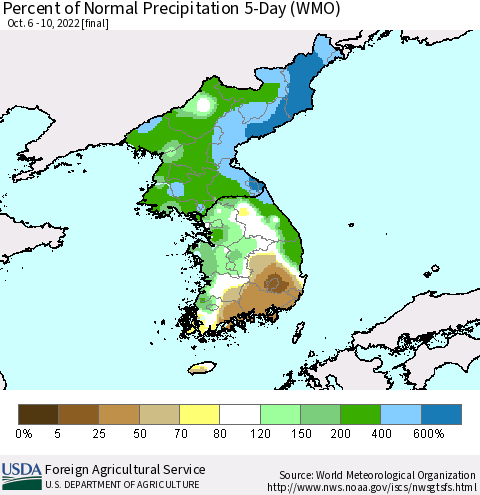 Korea Percent of Normal Precipitation 5-Day (WMO) Thematic Map For 10/6/2022 - 10/10/2022