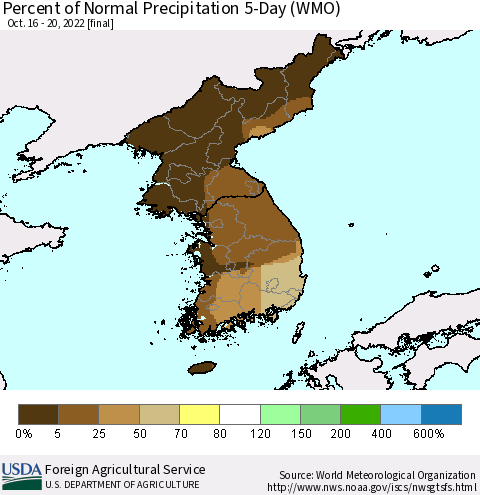 Korea Percent of Normal Precipitation 5-Day (WMO) Thematic Map For 10/16/2022 - 10/20/2022
