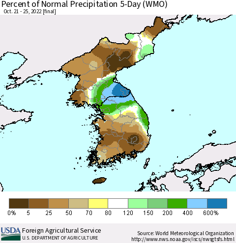 Korea Percent of Normal Precipitation 5-Day (WMO) Thematic Map For 10/21/2022 - 10/25/2022