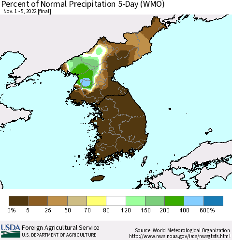Korea Percent of Normal Precipitation 5-Day (WMO) Thematic Map For 11/1/2022 - 11/5/2022