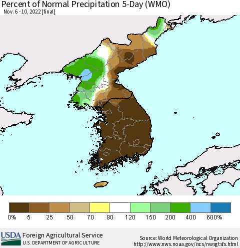 Korea Percent of Normal Precipitation 5-Day (WMO) Thematic Map For 11/6/2022 - 11/10/2022