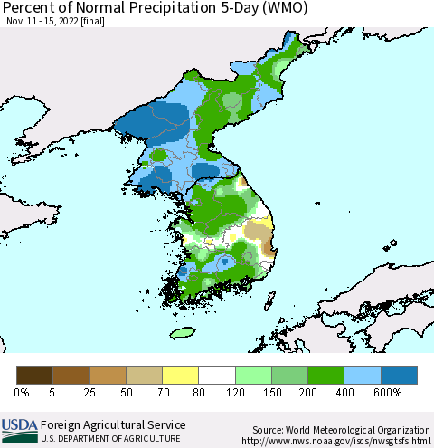 Korea Percent of Normal Precipitation 5-Day (WMO) Thematic Map For 11/11/2022 - 11/15/2022