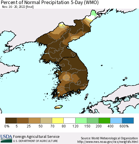 Korea Percent of Normal Precipitation 5-Day (WMO) Thematic Map For 11/16/2022 - 11/20/2022
