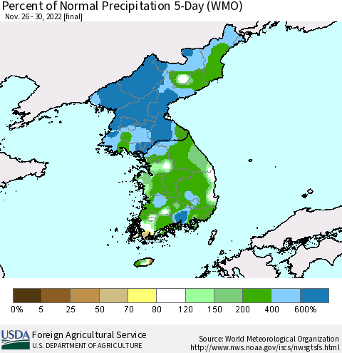 Korea Percent of Normal Precipitation 5-Day (WMO) Thematic Map For 11/26/2022 - 11/30/2022