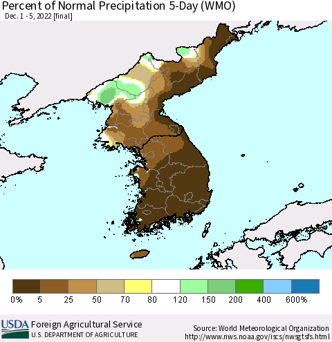 Korea Percent of Normal Precipitation 5-Day (WMO) Thematic Map For 12/1/2022 - 12/5/2022
