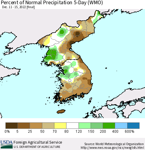 Korea Percent of Normal Precipitation 5-Day (WMO) Thematic Map For 12/11/2022 - 12/15/2022