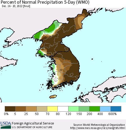 Korea Percent of Normal Precipitation 5-Day (WMO) Thematic Map For 12/16/2022 - 12/20/2022