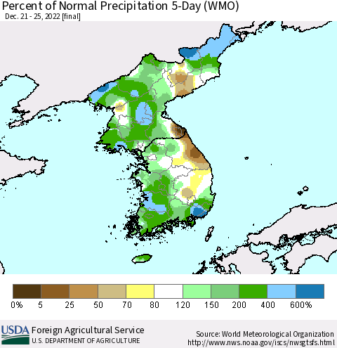 Korea Percent of Normal Precipitation 5-Day (WMO) Thematic Map For 12/21/2022 - 12/25/2022