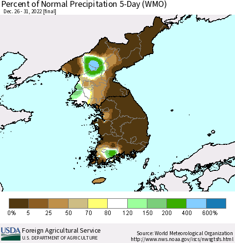 Korea Percent of Normal Precipitation 5-Day (WMO) Thematic Map For 12/26/2022 - 12/31/2022
