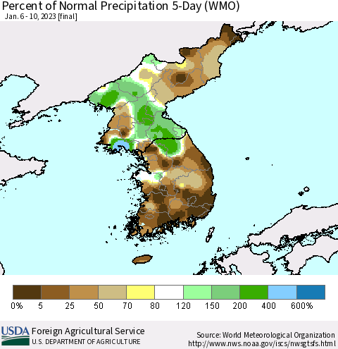 Korea Percent of Normal Precipitation 5-Day (WMO) Thematic Map For 1/6/2023 - 1/10/2023