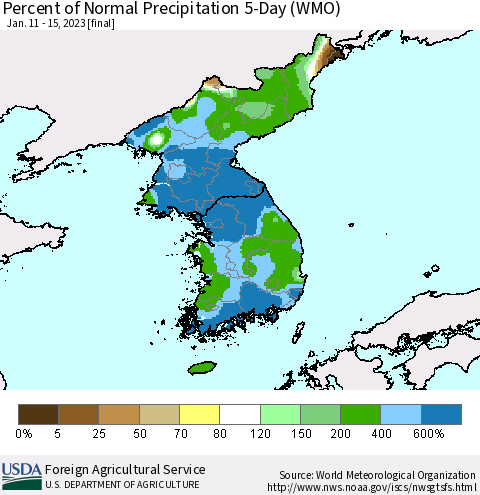 Korea Percent of Normal Precipitation 5-Day (WMO) Thematic Map For 1/11/2023 - 1/15/2023