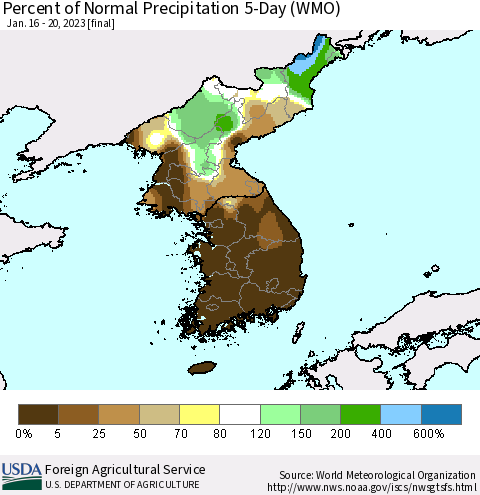 Korea Percent of Normal Precipitation 5-Day (WMO) Thematic Map For 1/16/2023 - 1/20/2023