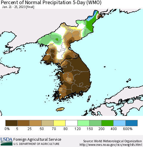 Korea Percent of Normal Precipitation 5-Day (WMO) Thematic Map For 1/21/2023 - 1/25/2023