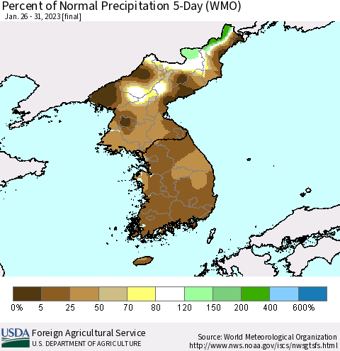 Korea Percent of Normal Precipitation 5-Day (WMO) Thematic Map For 1/26/2023 - 1/31/2023