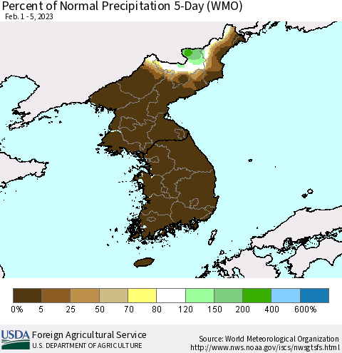 Korea Percent of Normal Precipitation 5-Day (WMO) Thematic Map For 2/1/2023 - 2/5/2023