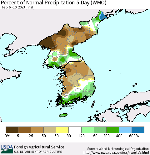 Korea Percent of Normal Precipitation 5-Day (WMO) Thematic Map For 2/6/2023 - 2/10/2023