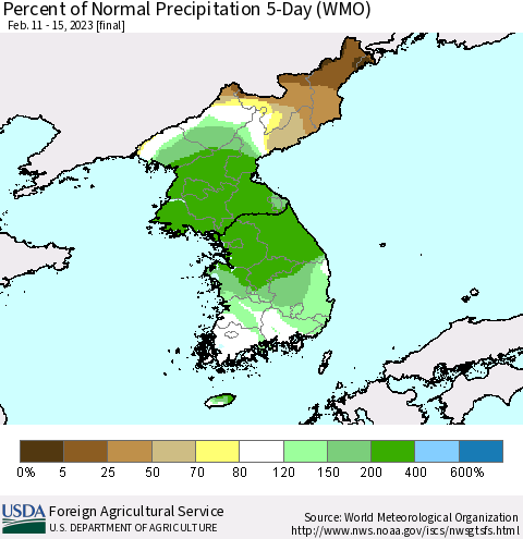 Korea Percent of Normal Precipitation 5-Day (WMO) Thematic Map For 2/11/2023 - 2/15/2023