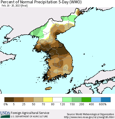 Korea Percent of Normal Precipitation 5-Day (WMO) Thematic Map For 2/16/2023 - 2/20/2023