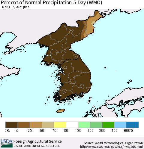 Korea Percent of Normal Precipitation 5-Day (WMO) Thematic Map For 3/1/2023 - 3/5/2023
