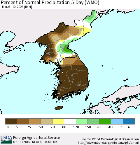 Korea Percent of Normal Precipitation 5-Day (WMO) Thematic Map For 3/6/2023 - 3/10/2023