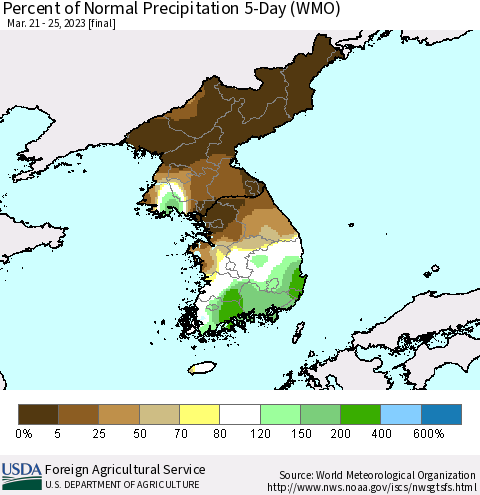 Korea Percent of Normal Precipitation 5-Day (WMO) Thematic Map For 3/21/2023 - 3/25/2023