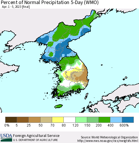 Korea Percent of Normal Precipitation 5-Day (WMO) Thematic Map For 4/1/2023 - 4/5/2023