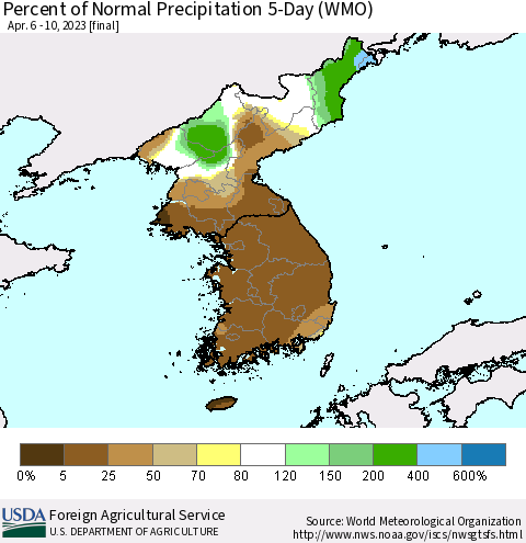 Korea Percent of Normal Precipitation 5-Day (WMO) Thematic Map For 4/6/2023 - 4/10/2023