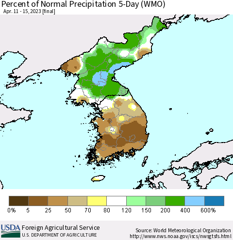 Korea Percent of Normal Precipitation 5-Day (WMO) Thematic Map For 4/11/2023 - 4/15/2023