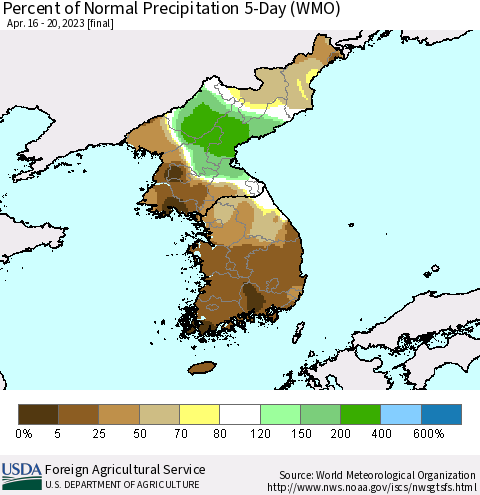 Korea Percent of Normal Precipitation 5-Day (WMO) Thematic Map For 4/16/2023 - 4/20/2023