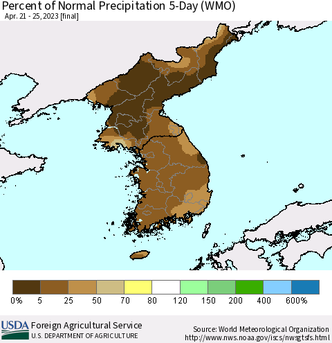 Korea Percent of Normal Precipitation 5-Day (WMO) Thematic Map For 4/21/2023 - 4/25/2023