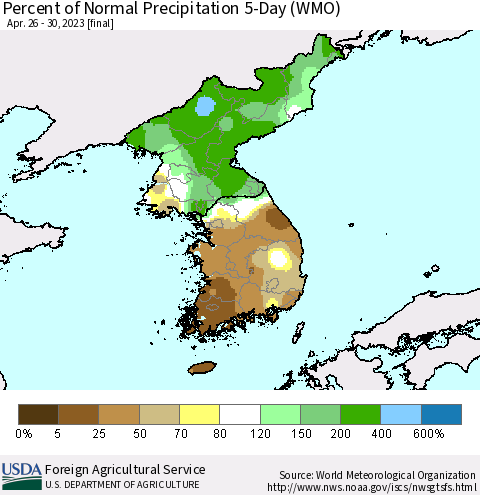 Korea Percent of Normal Precipitation 5-Day (WMO) Thematic Map For 4/26/2023 - 4/30/2023