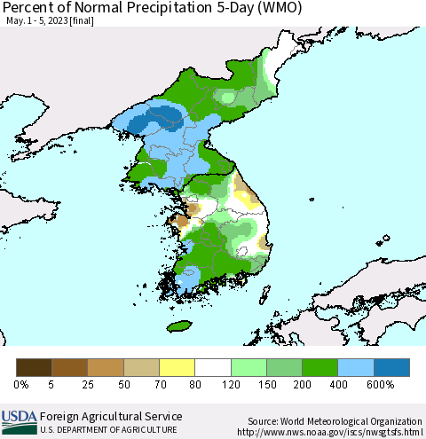 Korea Percent of Normal Precipitation 5-Day (WMO) Thematic Map For 5/1/2023 - 5/5/2023