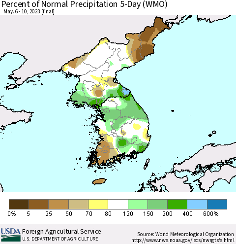 Korea Percent of Normal Precipitation 5-Day (WMO) Thematic Map For 5/6/2023 - 5/10/2023