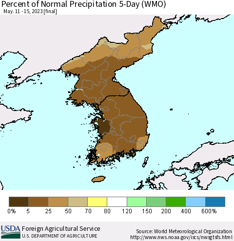 Korea Percent of Normal Precipitation 5-Day (WMO) Thematic Map For 5/11/2023 - 5/15/2023