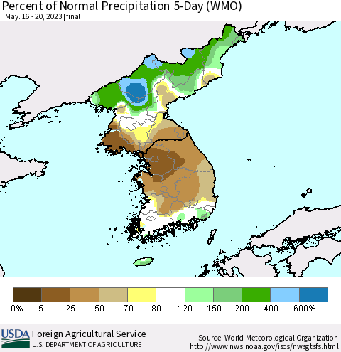 Korea Percent of Normal Precipitation 5-Day (WMO) Thematic Map For 5/16/2023 - 5/20/2023