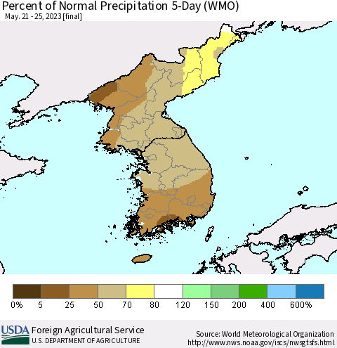Korea Percent of Normal Precipitation 5-Day (WMO) Thematic Map For 5/21/2023 - 5/25/2023