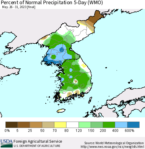 Korea Percent of Normal Precipitation 5-Day (WMO) Thematic Map For 5/26/2023 - 5/31/2023