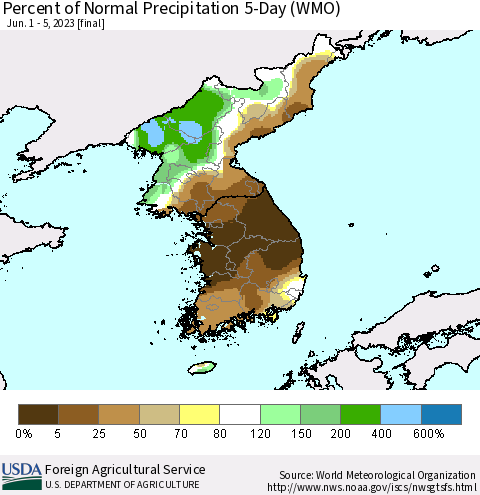 Korea Percent of Normal Precipitation 5-Day (WMO) Thematic Map For 6/1/2023 - 6/5/2023