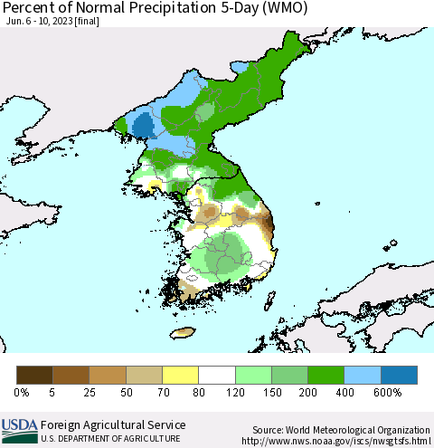 Korea Percent of Normal Precipitation 5-Day (WMO) Thematic Map For 6/6/2023 - 6/10/2023