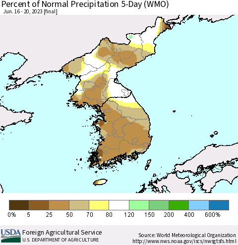 Korea Percent of Normal Precipitation 5-Day (WMO) Thematic Map For 6/16/2023 - 6/20/2023
