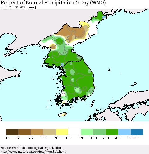 Korea Percent of Normal Precipitation 5-Day (WMO) Thematic Map For 6/26/2023 - 6/30/2023